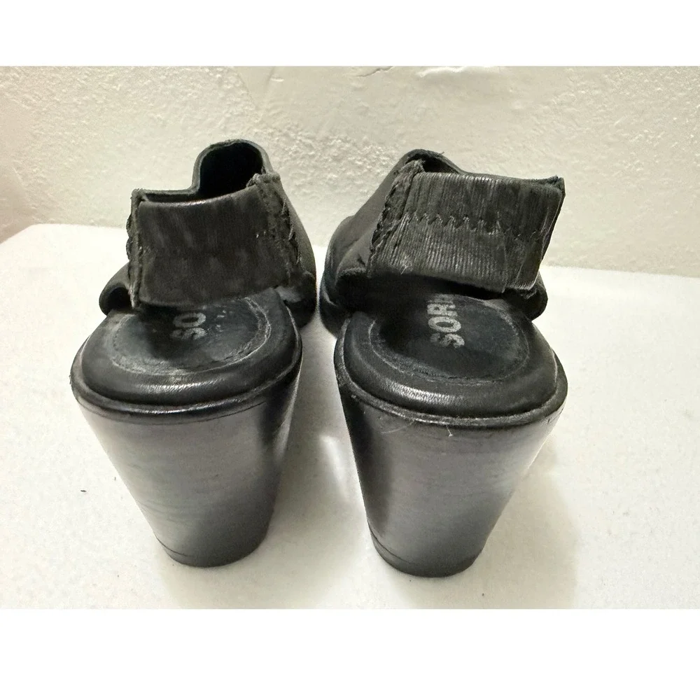 Sorel Joanie II Slingback Wedge Sandal Womens 8.5 Black  Leather Peep Toe